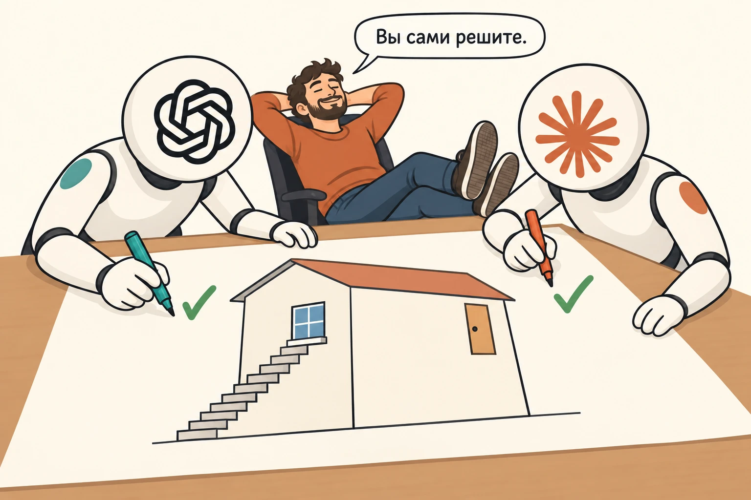 Два исполнителя с символами ChatGPT и Claude правят общий чертёж: лестница ведёт к окну, а дверь остаётся без подхода. Откинувшийся в кресле человек говорит: «Вы сами решите».